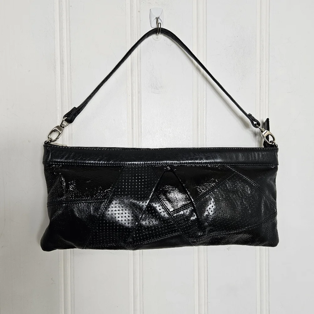 Vintage HOBO International OS Patchwork Leather Baguette Shoulder Bag Boho Black